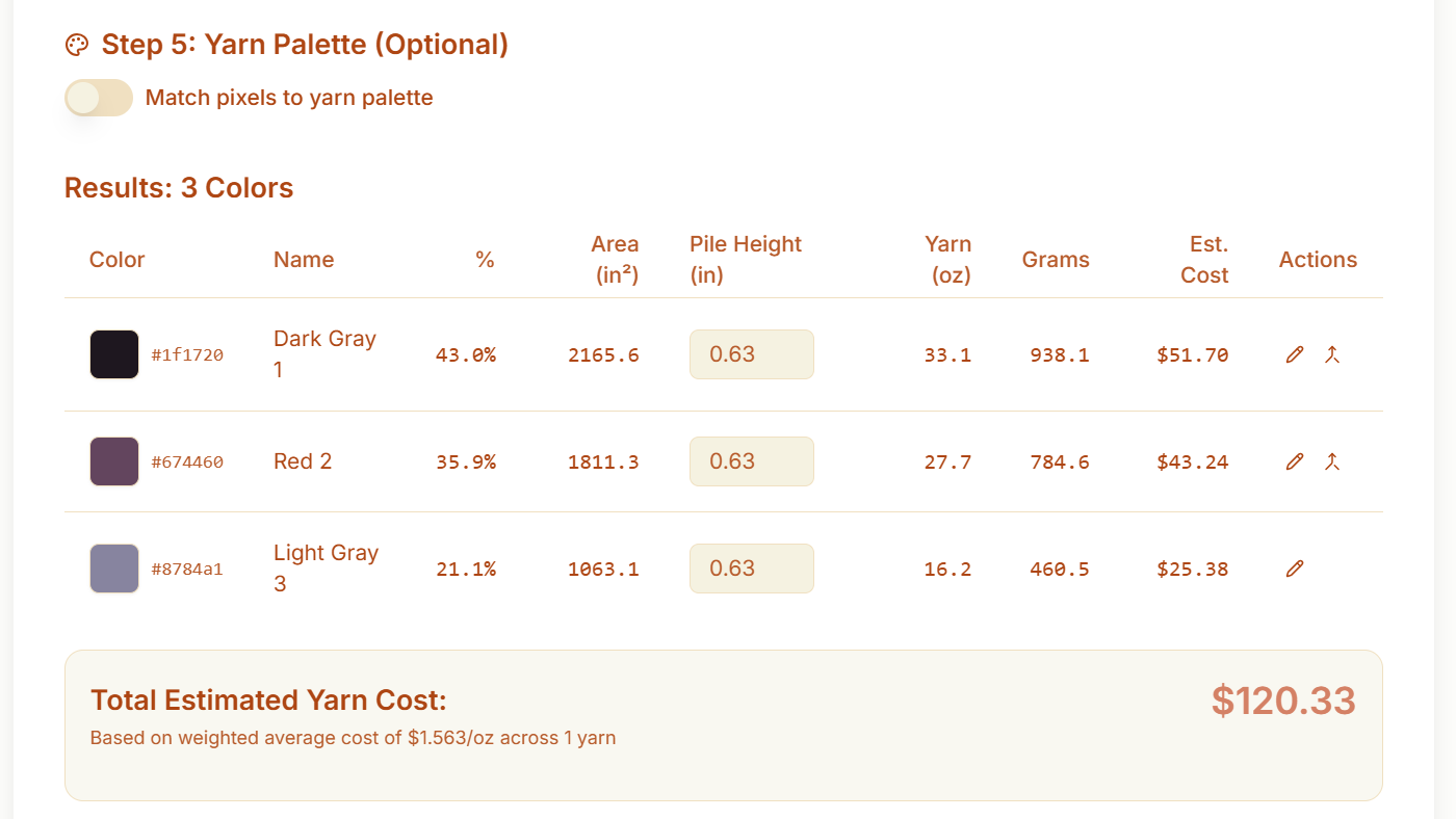 Step 4: Review yarn breakdown by color